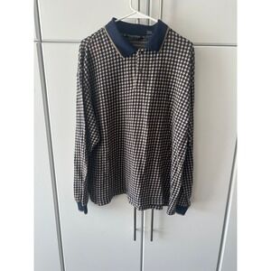 Knightsbridge Mens XL Long Sleeve Polo Shirt Blue Tan Diamond Geometric Knit